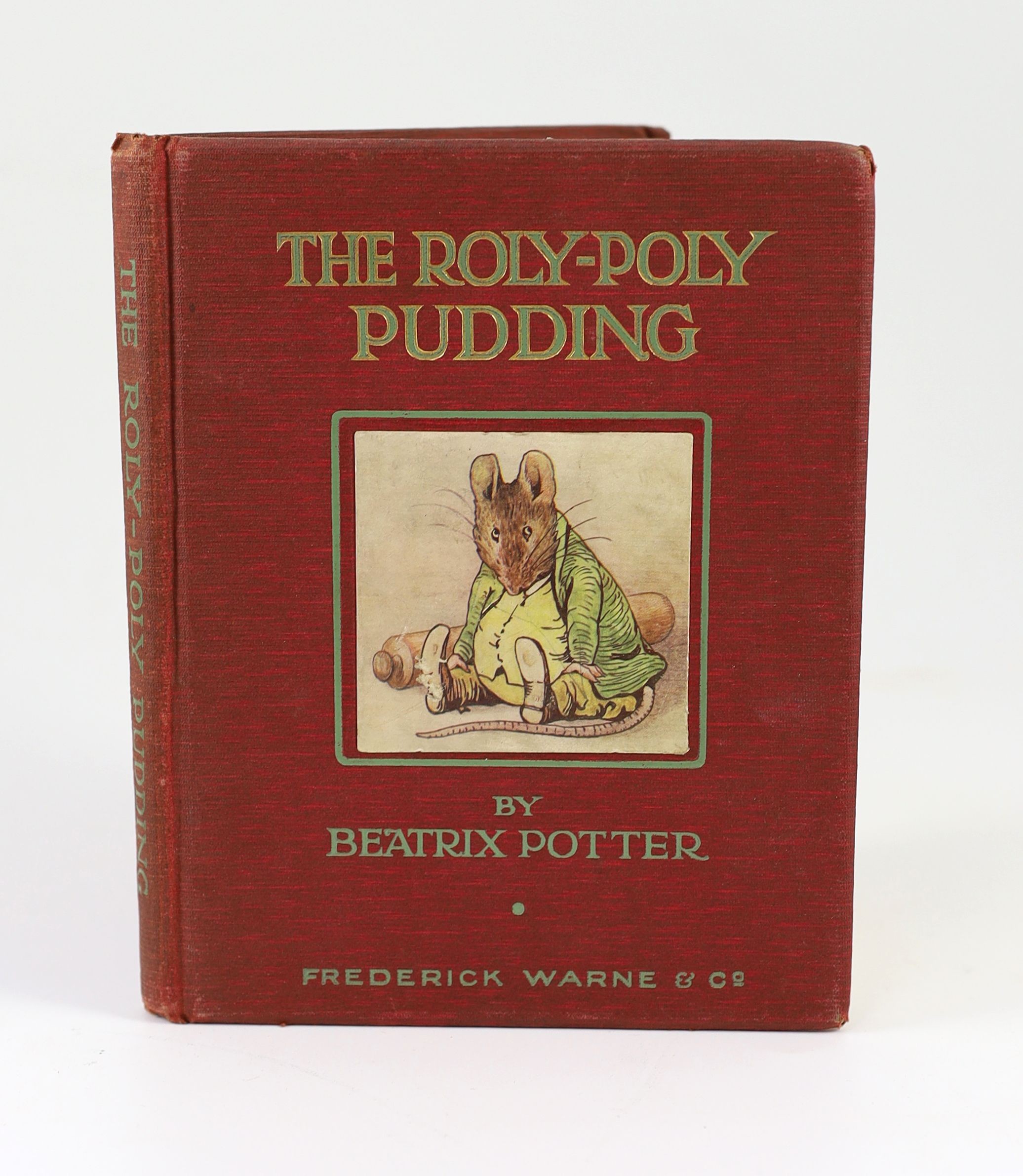 Potter, Beatrix - The Roly-Poly Pudding. First Edition (1st issue), coloured pictorial title, 18 full page coloured and num. text illus., half title; publisher's red cloth with coloured illus. mounted on upper board with